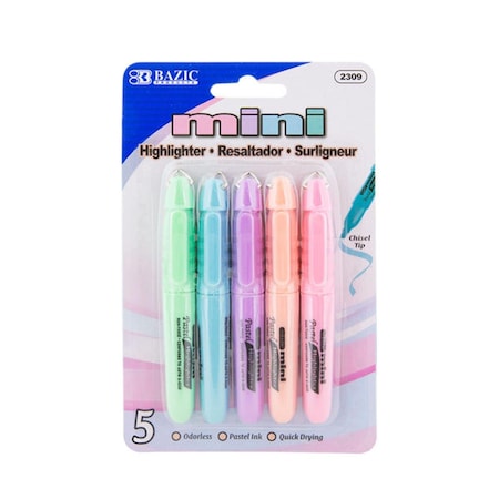 Bazic Products Bazic  Mini Pastel Highlighter with Cap Clip, Assorted Color - 5PK 2309