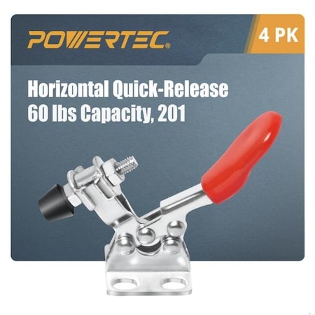 Powertec Toggle Clamp, 60 lbs Cap., 201 Quick Release Horizontal Clamps, Antislip Rubber Pressure Tip, 4PK 20321N