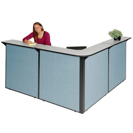 Global Industrial Interion L-Shaped Reception Station, 80"W x 80"D x 44"H, Gray Counter, Blue Panel 249009GB