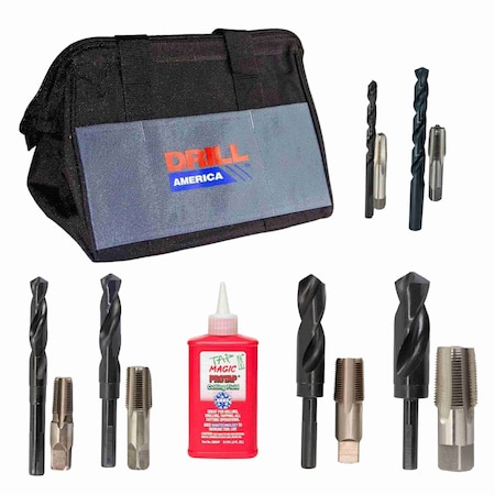 Drill America 13 Piece Plumber's Drill Bit, NPT Pipe Tap and Fluid Kit POUPLUM12
