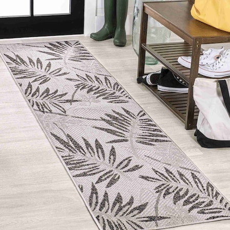 Jonathan Y Havana Tropical Palm Leaf Gray/Black 2 ft. x 8 ft. Indoor/Outdoor Runner Rug SMB208B-28