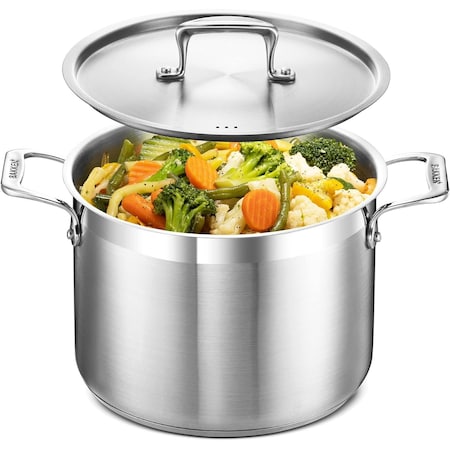 Bakken-Swiss 8QT Stockpot, Brushed Stainless Steel, Induction-Ready, Lid and Riveted Handles, Heavy Duty BAKSTQ8