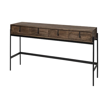 Homeroots 56" Brown and Black Solid Wood and Metal Console Table With Four Drawers 380193