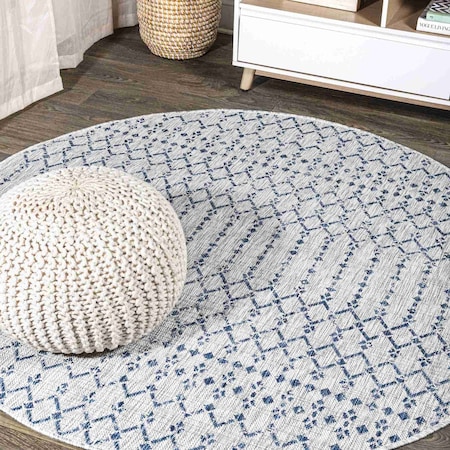 Jonathan Y Ourika Moroccan Geometric Textured Weave Light Gray/Navy 4 ft Round Indoor/Outdoor Area Rug SMB108A-4R