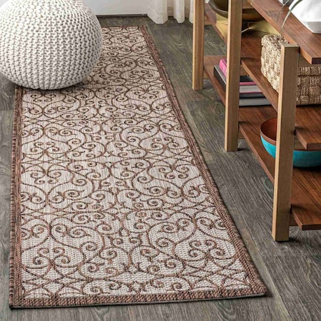 Jonathan Y Madrid Vintage Filigree Textured Weave Taupe/Espresso 2 ft. x 10 ft. Indoor/Outdoor Runner Rug SMB107C-210