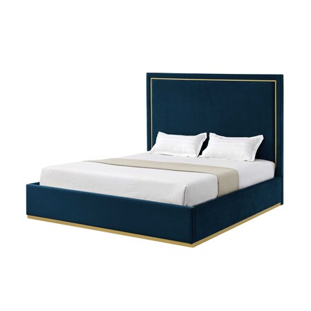 Homeroots Navy Blue Solid Wood King Upholstered Velvet Bed 544801