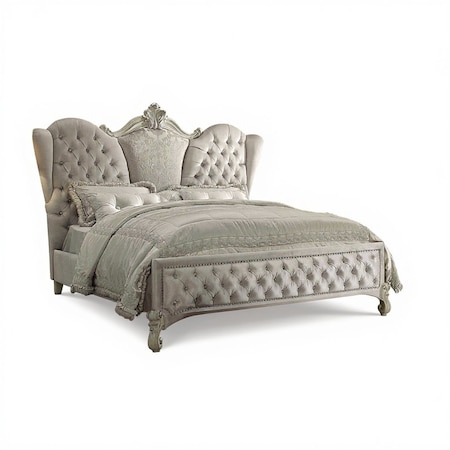 Homeroots Ivory Solid Wood Queen Tufted Upholstered Velvet Bed Frame with Nailhead Trim 348176