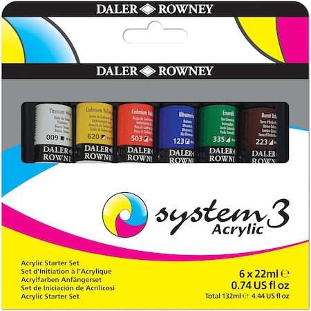 Daler-Rowney System3 Acrylic Paint Starter Set, Assorted Colors, 22ml, 6-Piece Set D129100005