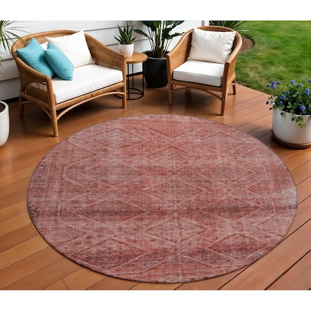 Homeroots 8' Pink And Ivory Round Geometric Washable Indoor Outdoor Area Rug 630509