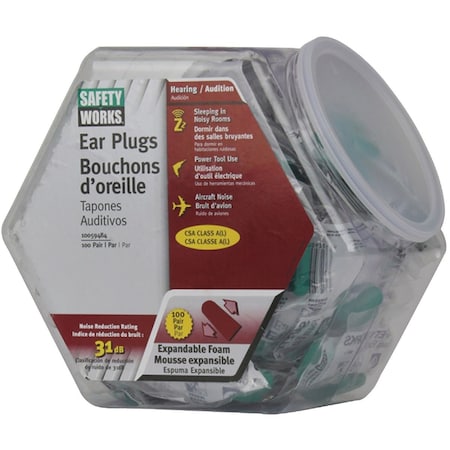Safety Works Foam NRR 31dB Earplugs in Counter Dispenser, 100-Pair 10059484