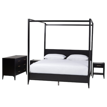 Baxton Studio Primrose Mid-Century Black Fluted Wood King Size 4-Piece Canopy Bedroom Set 249-13820-13830-13822-ZORO