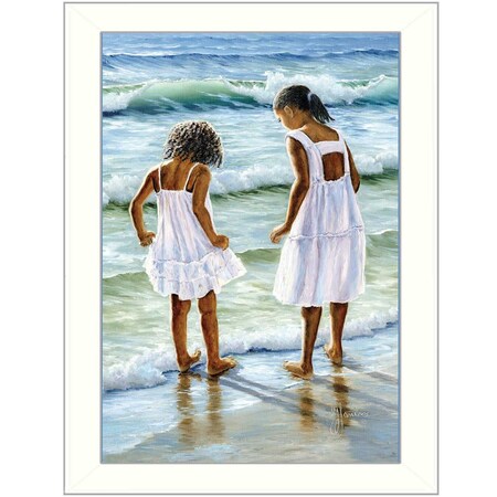 Homeroots Two Girls at the Beach 1 White Framed Print Wall Art 415356
