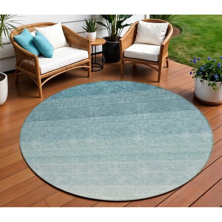 Homeroots 8' Teal Blue And Ivory Round Ombre Washable Indoor Outdoor Area Rug 595837