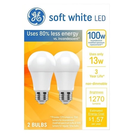 Ge LED Light Bulb, A19 Lamp, 100 W Equivalent, Medium Lamp Base, Non-Dimmable, PK2 93131322
