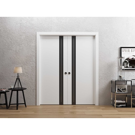 Sartodoors Sliding Double Pocket Doors 36 x 96 inches, Planum 0444 White Silk with Black Inserts and Frosted G PLANUM0444DP-WS-3696