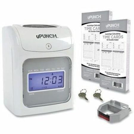 Acroprint uPunch Electronic Time Clock w/ 100 Time Cards, 1 Ribbon & 2 Keys, White & Gray HN2500