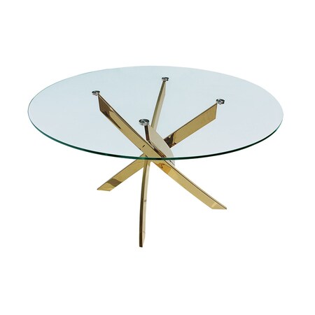Homeroots 54" Clear and Gold Glass and Metal Cross Leg Base Round Top Dining Table 555139