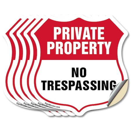 Signmission Private Property Shield Sign No Trespass, 4 inch X 4 inch, Vinyl Decal, 5PK SHI-D-5PACK-4-454