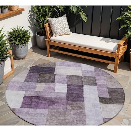 Homeroots 8' Eggplant Black And Lavender Round Geometric Washable Indoor Outdoor Area Rug 605857