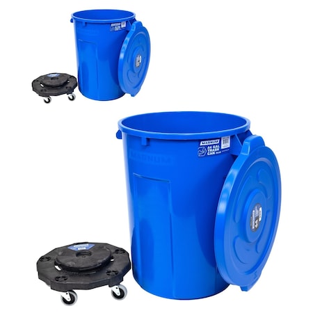 Magnum Tool Blue 44 Gallon Trash Can Set, Trash Can, Quiet Dolly, and Reinforced Lid, 2 Set CMTC-CLD0-44B02