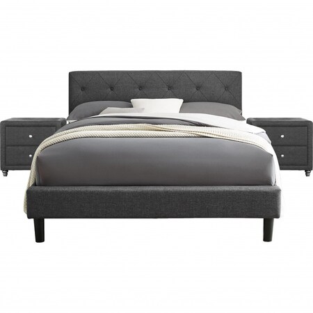 Homeroots Grey Queen Platform Bed with Two Nightstands 397023