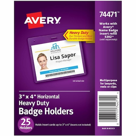 Avery Secure Top Heavy-Duty Badge Holders, Horizontal, 4" x 3", Clear, 25/Pack 74471