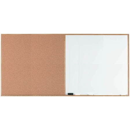 Aarco Wood Frame Combination Board Bulletin Board Next to a Melamine Marker Board, 48''Hx96''W WCO4896