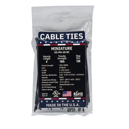 Cable Ties Unlimited Cable Tie, 4 in L, 18 lb Strength, 0.8 in Max Bundle Dia, Nylon 6/6, Black 100PK US-M4-18-0C