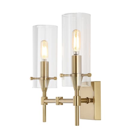 Jonathan Y Cato 13.5" 2-Light Modern Farmhouse Iron/Glass LED Vanity, Brass Gold/Clear JYL7806C