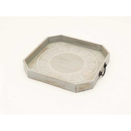 Homeroots Set Of Two Gray and White Octagon Solid Wood Paisley Handmade Serving Tray With Handles 526348