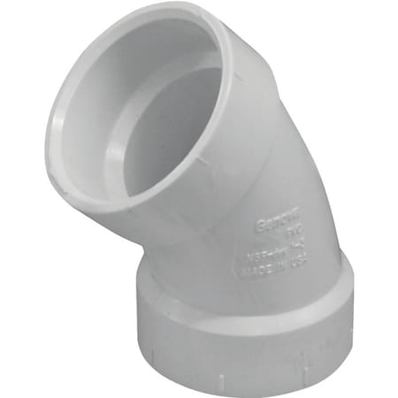 Genova CANPLAS Sanitary Pipe Elbow, 112 in, Hub, 45 deg Angle, PVC, White 192501