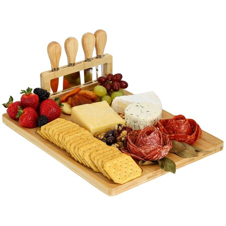 Megachef Bamboo Charcuterie and Cheese Board with Knife Stand Attachment and 4 Piece Knife Set 750122176M