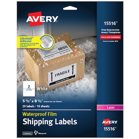 Avery Waterproof Shipping Labels with Ul, PK20 15516