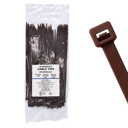 Cable Ties Unlimited Cable Tie, 8 in L, 40 lb Strength, 2.2 in Max Bundle Dia, Nylon 6/6, Brown 100PK C8-40-Brown