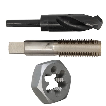 Drill America 1-1/8"-12 UNF HSS Plug Tap, Hex Die and 1-3/64" HSS 1/2" Shank Drill Bit Kit HXPOU1-1/8-12