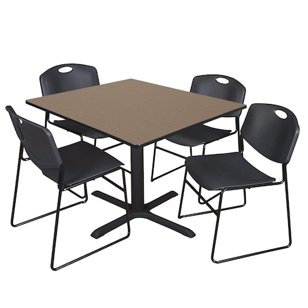 Regency Square Cain Breakroom Table W/ 4 Zeng Stack Chairs, 48 in W, 48 in L, Noble Oak TB4848NO44BK