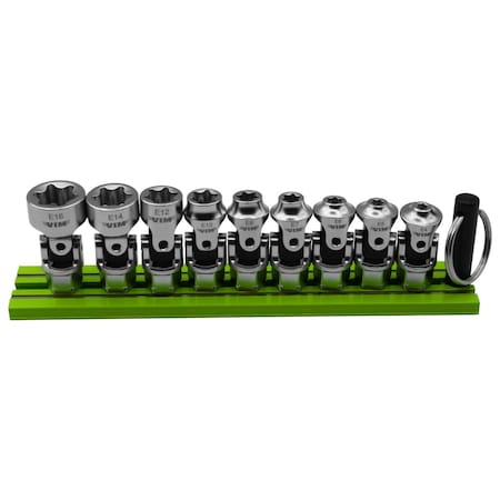 Vim Tools 9 Piece Dual Drive Stubby Uj E-Torx Socket Set - 1/4 Inch X 11 Mm Drive - Green Magrail DDSUJET400