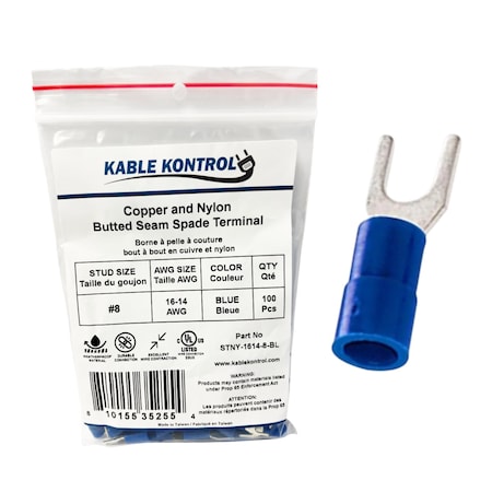 Kable Kontrol Fork Terminal, #8 Stud Size, 14 AWG, Nylon Insulated, Blue, 100 PK STNY-1614-8-BL