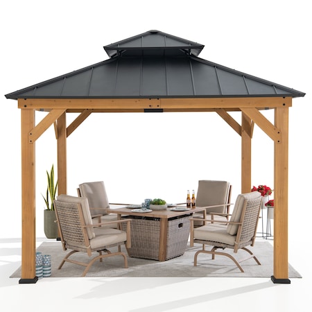 Sunjoy 11 ft. x 11 ft. Black 2-Tier Wooden Frame Hardtop Gazebo with Ceiling Hook A102007390