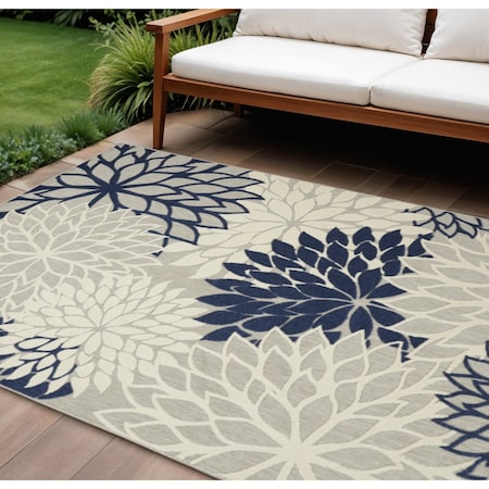 Homeroots 9' X 12' Gray Ivory And Navy Blue Floral Indoor Outdoor Area Rug 564202
