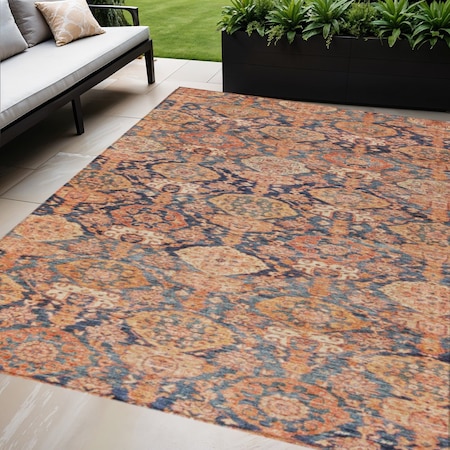 Homeroots 10' X 14' Terra Cotta And Charcoal Damask Washable Indoor Outdoor Area Rug 603394