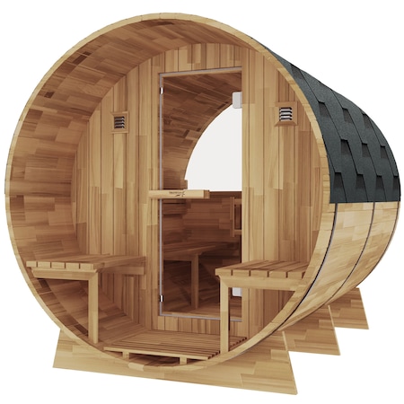 Saunaspa 4-6 Person Outdoor White Cedar Barrel Wet Sauna with 6kW TOULE Rock Heater, Front Porch SS-OTBL003