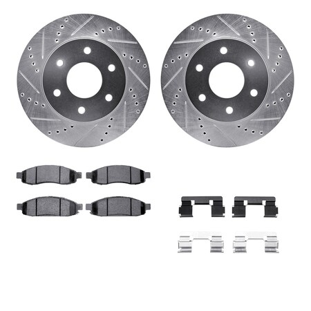 Dynamic Friction Co DFC Brake Rotor - Drilled & Slotted - Silver- Heavy Duty Brake Pad includes Hardware 7412-67002