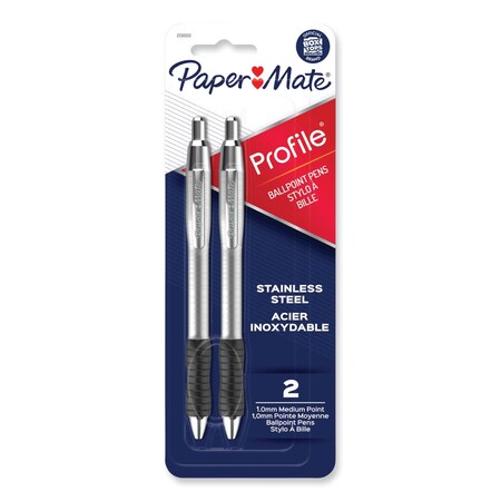 Paper Mate Profile Ballpoint Pen, Retractable, Medium, 1 mm, Black Ink, Black/Silver Barrel, PK2, 2PK 2130513