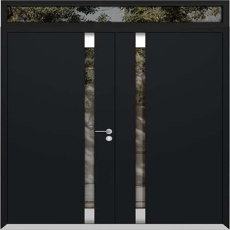 Vdomdoors Aluminum Double Doors Cynex 6777 Black Top Transom Mirrored Clear Glass Modern Painted (W72xH96+14) CYNEX6777DEXD-BLK-W72xH96+14-LH-O