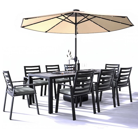 Leisuremod Chelsea Aluminum Outdoor Dining Table 87 With 8 Chairs and Cushions, Charcoal Black CC20-T87-BL8