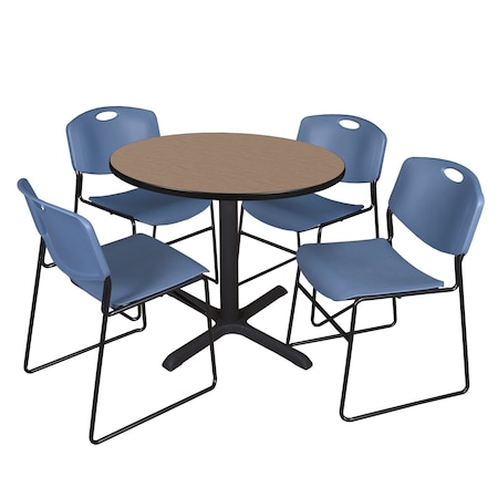 Regency Round Cain Breakroom Table W/ 4 Zeng Stack Chairs, 42 in W, 42 in L, Noble Oak TB42RNDNO44BE