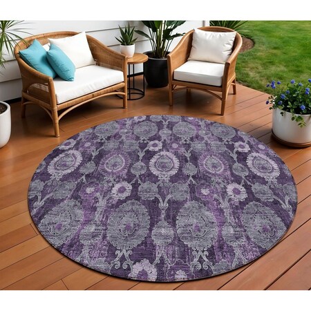 Homeroots 8' Eggplant Purple And Lavender Round Damask Washable Indoor Outdoor Area Rug 588162