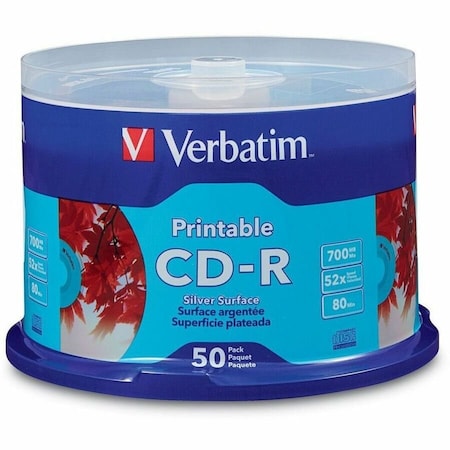 Verbatim CD-R 700MB 52X SILVER INKJET PRINTABLE - 50PK SPINDLE - UP TO 80 MINUTE, 50PK 95005
