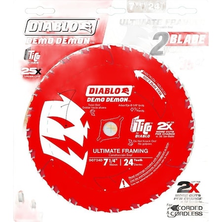 Diablo Demo Demon Circular Saw Blade, 7-1/4 in Dia, 5/8 in Arbor, 24-Teeth, Carbide Cutting Edge, 2PK D0724DVPX